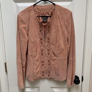 Womens M Bradley By Bradley Bayou Genuine Leather Jacket Blush Pink Beads